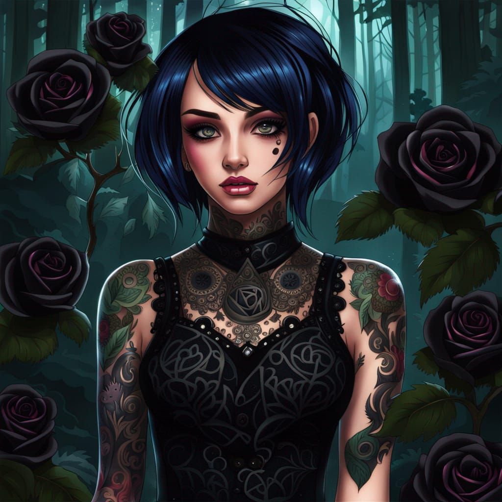 Anime Goth Girl with Roses in Forest