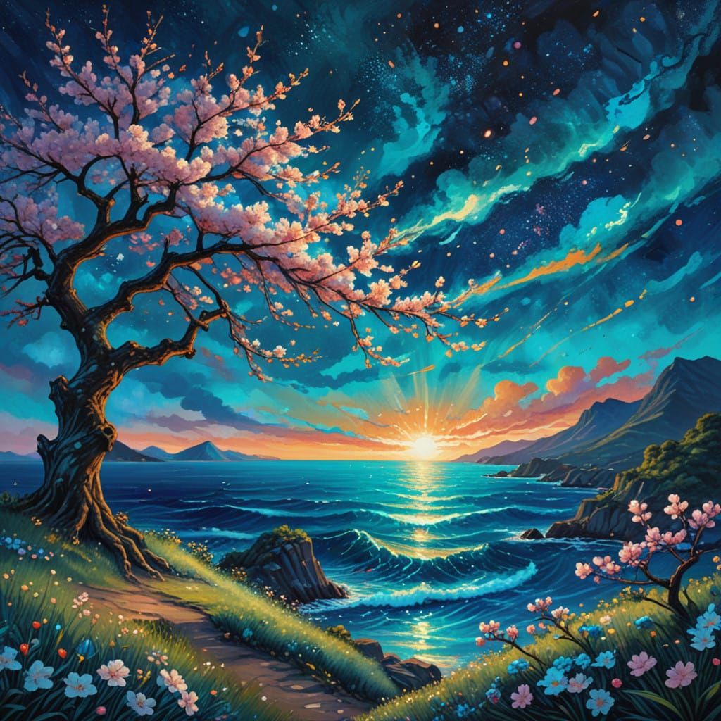 Vibrant Cherry Blossom Tree Overlooks Cosmic Ocean