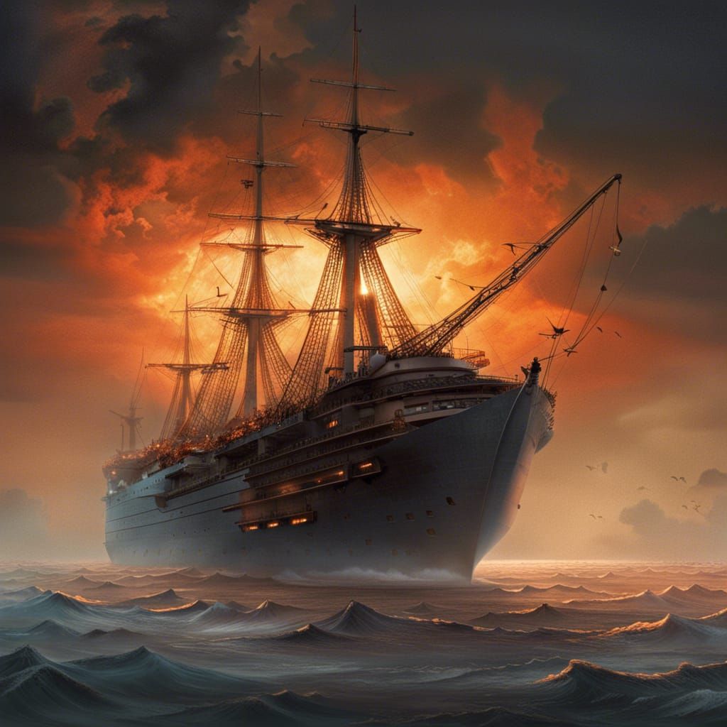 Epic Wooden Ship Sails Through Starry Orange Sky