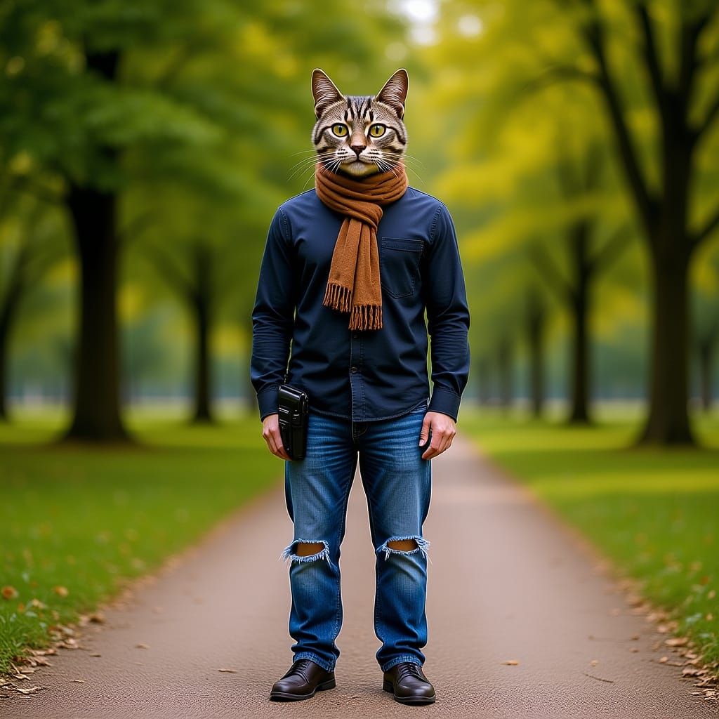 Tabby Cat in Clothes on Park Path