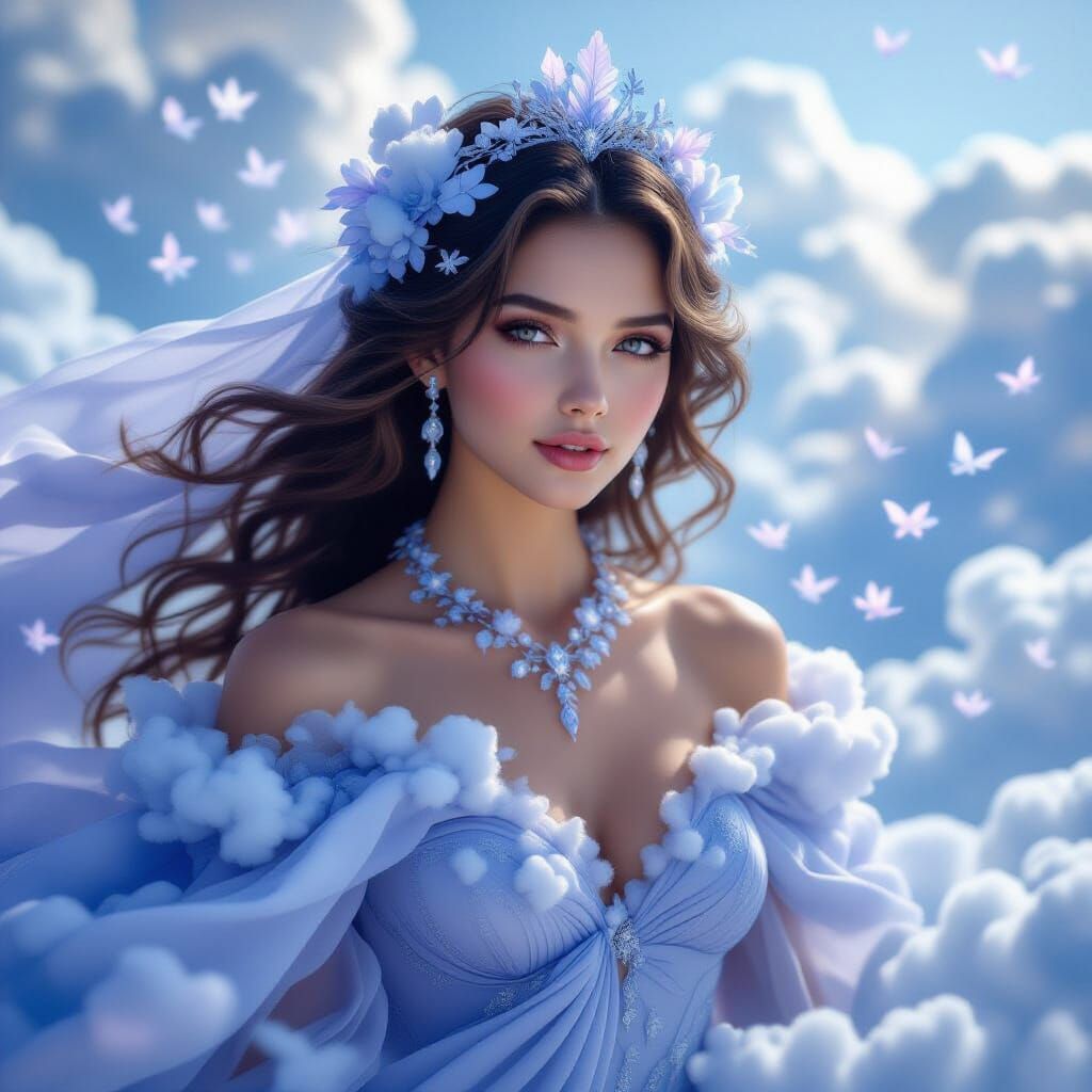 Majestic Cloud Goddess Adorned with Ethereal Attire