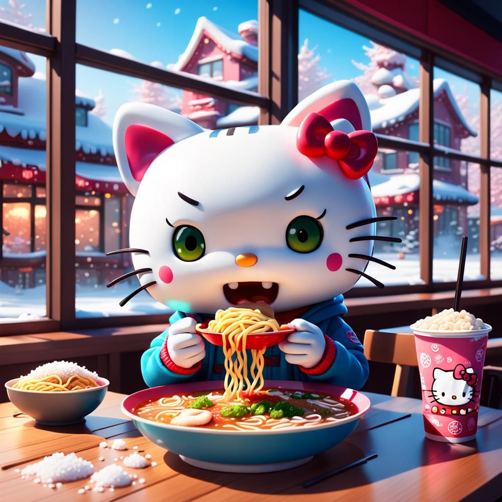 Hello Kitty Enjoys Ramen on Snowy Day