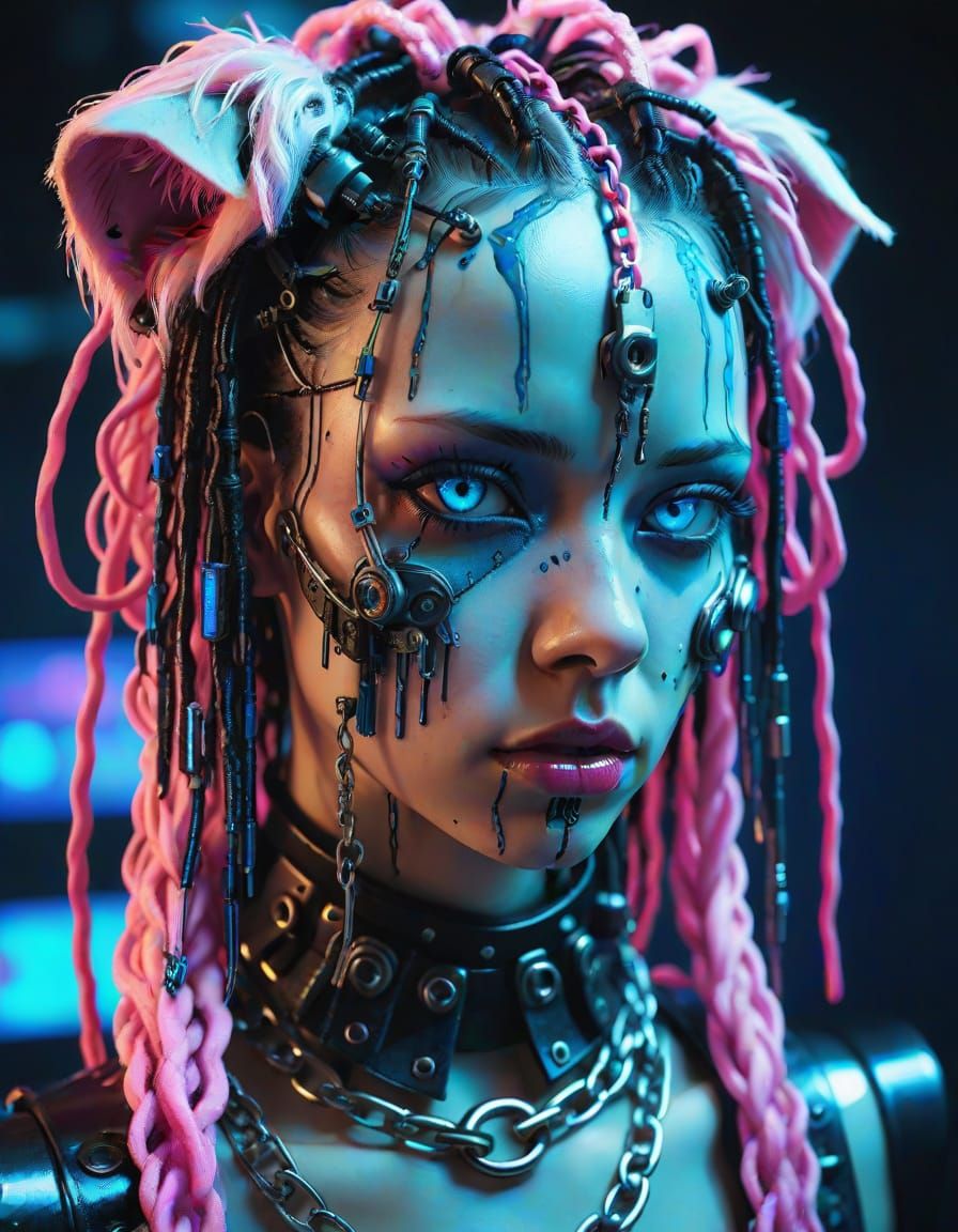 Cyberpunk Automaton Leaking Digital Tears in Neon City