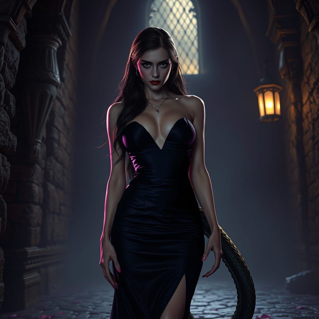 Ethereal Vampire Goddess in Dark Fantasy Castle