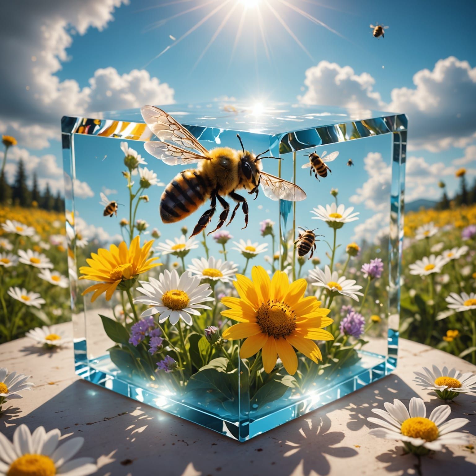 Surreal Glass Cube Blooms with Divine Light