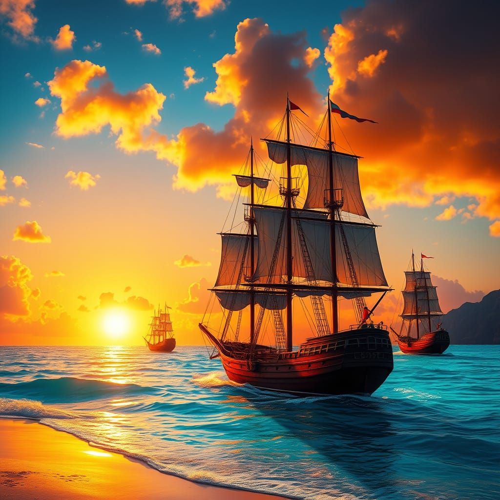 Tropical Sunset: Tall Ships Disappearing into the Horizon