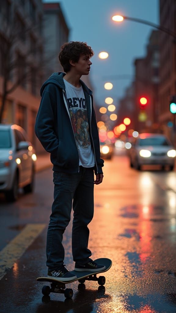 Teen Skater Captured in Downtown Crosswalk at Night