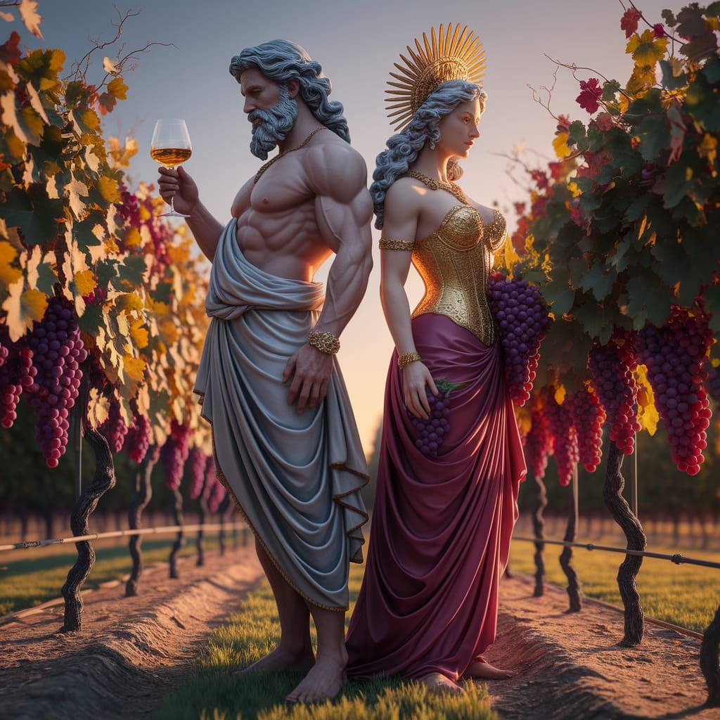 Divine Figures in Golden Hour Vineyard