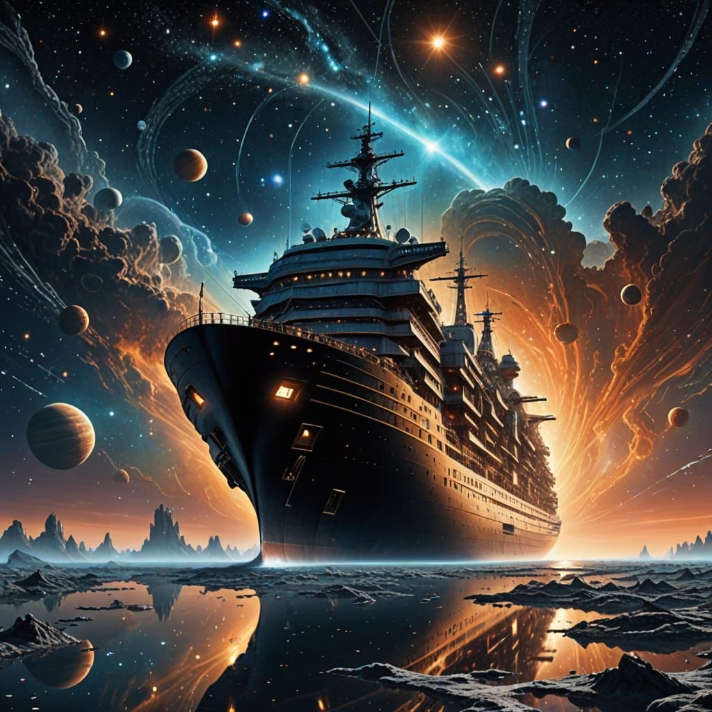 Ethereal Space Odyssey: Majestic Ship Sails Through Cosmic W...