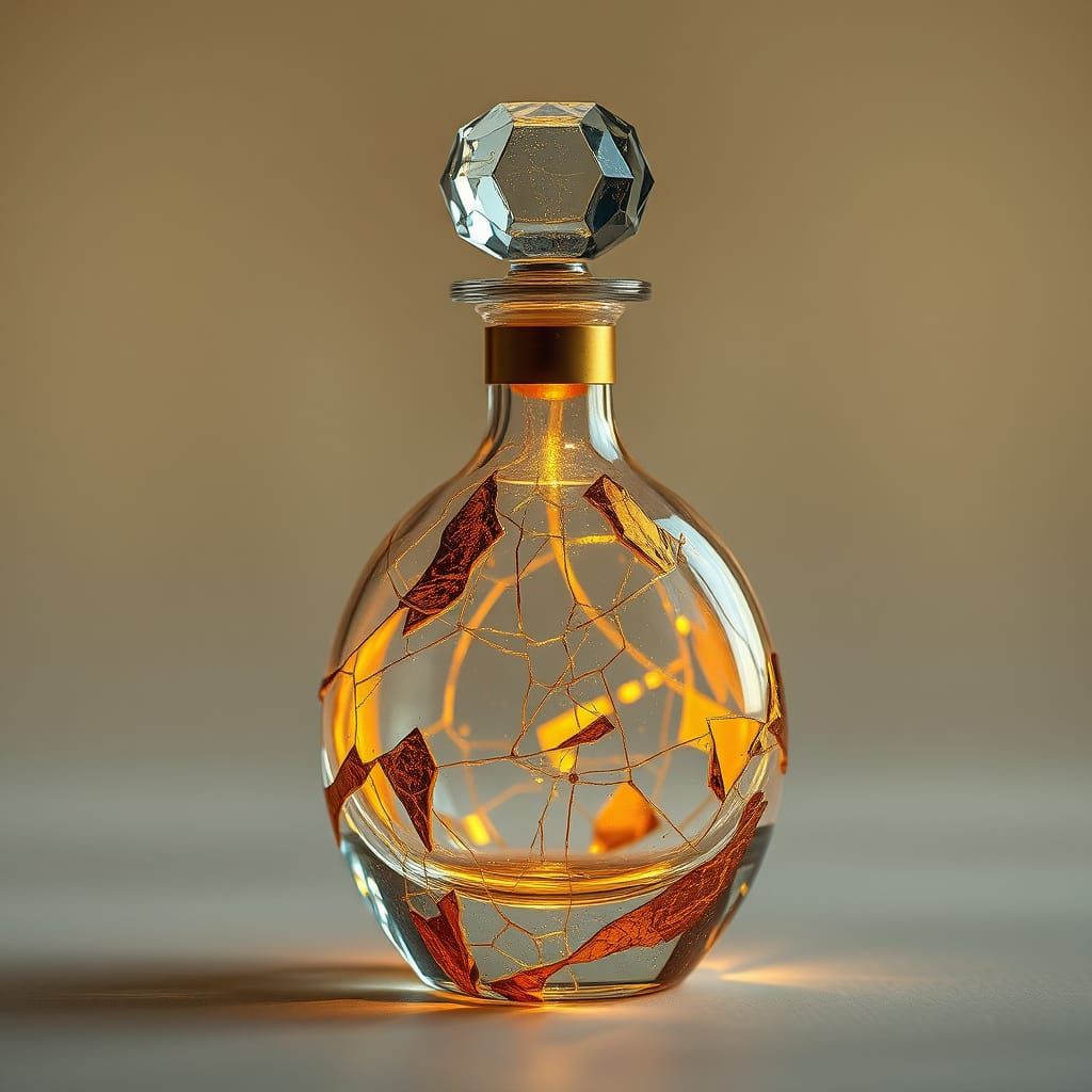 A shattered glass object, perhaps a vase or perfume bottle, ...