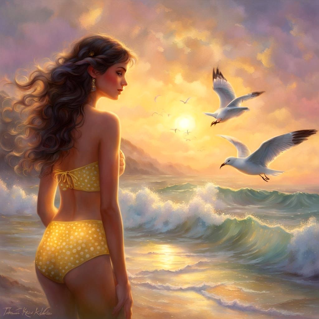 Yellow Polka Dot Bikini on Beach, Fantasy Art