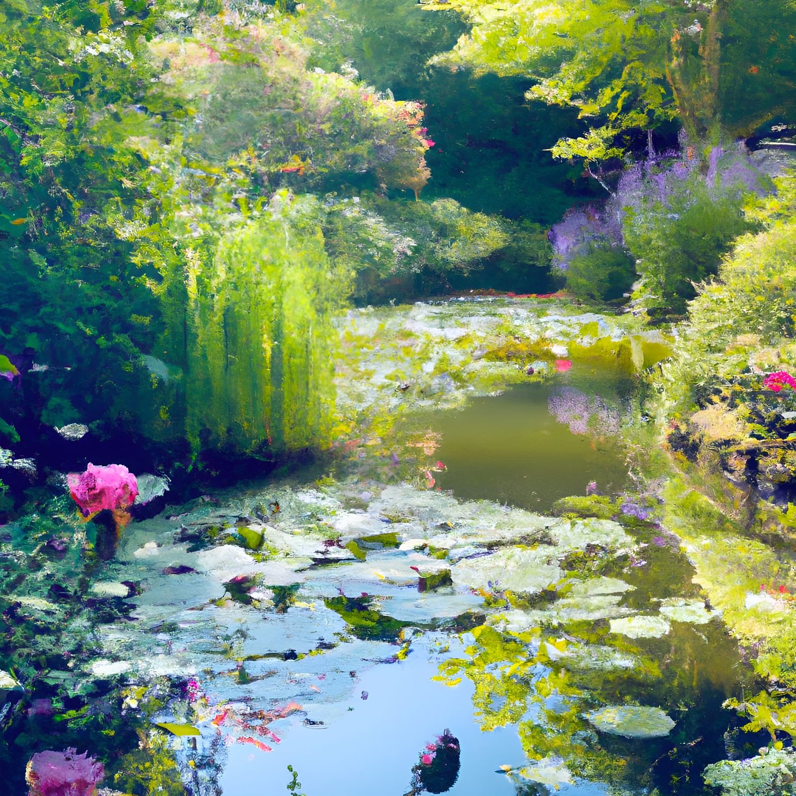 Hyperrealistic Overgrown Flower Garden and Lily Pond
