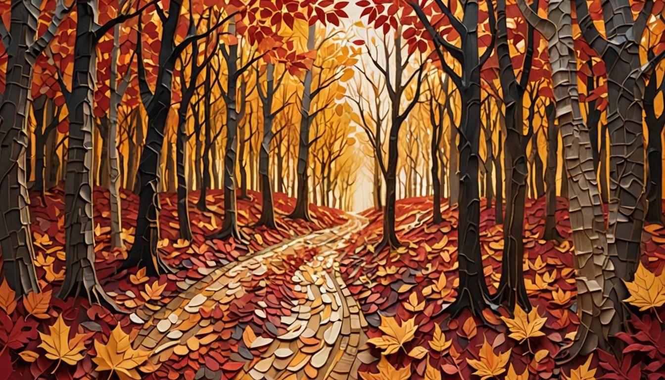 Autumn Forest Path in Vibrant Paper Collage Art