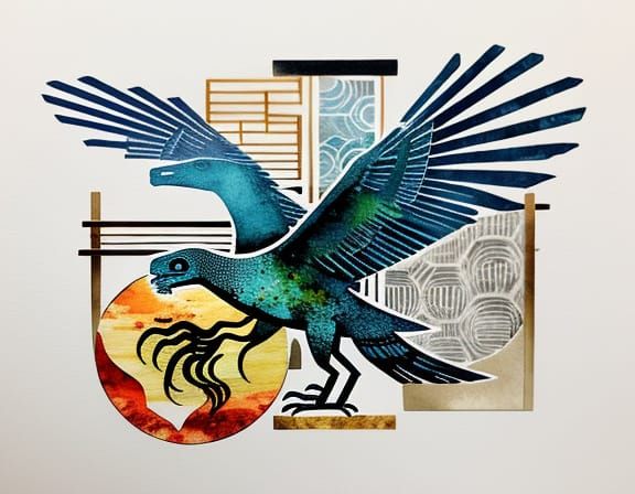 Ukiyo-e Archaeopteryx Collage with Abstract Elements