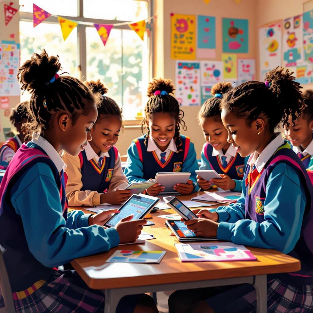 African Pupils Learning in Vibrant Digital Classroom