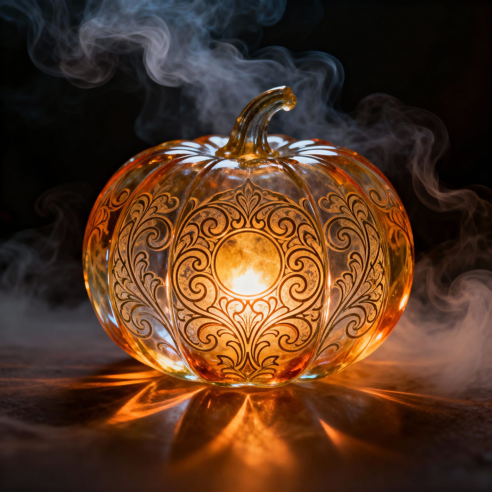 Ethereal Glass Pumpkin with Swirling Patterns in Mucha Style