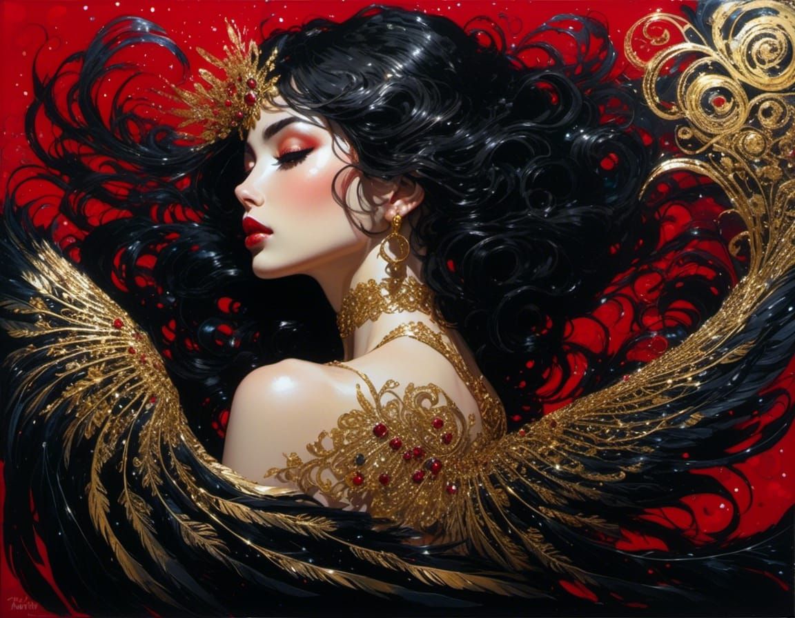 Fallen Angel with Black Wings in Art Deco Style