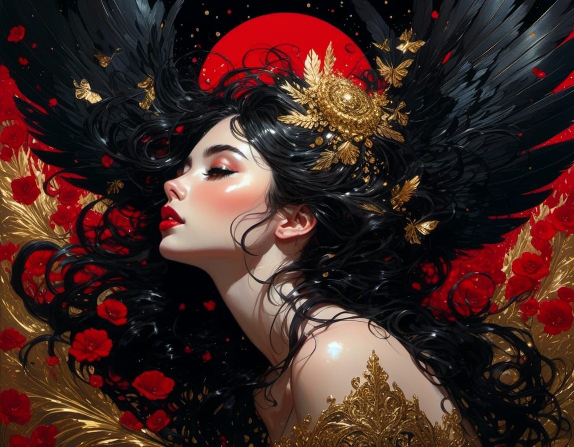 Fallen Angel with Black Wings in Art Deco Style