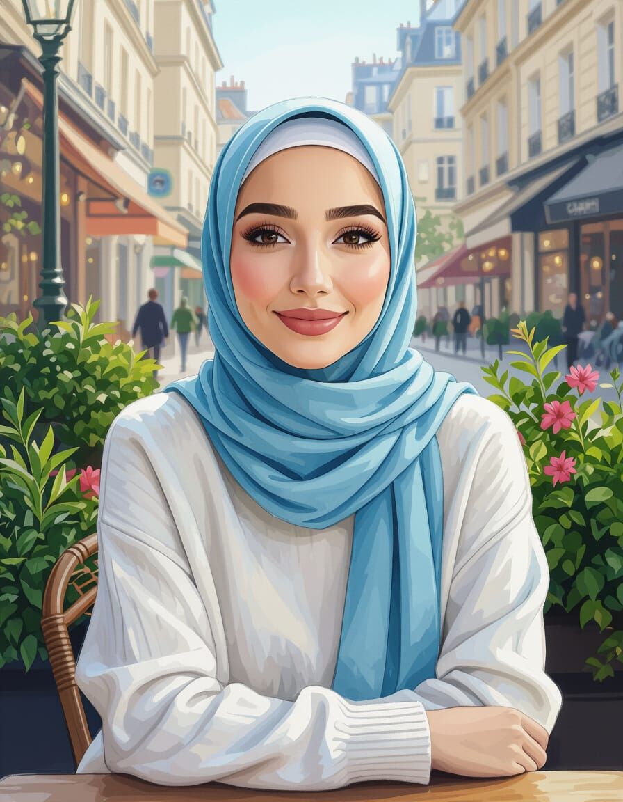 Hijabi Woman in Cozy Cafe, Color Pencil Painting