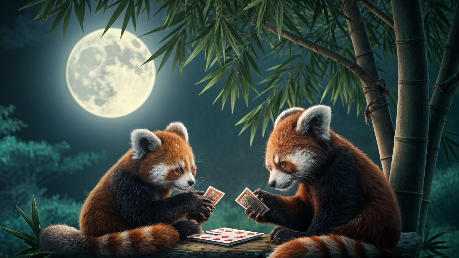 Red Pandas Play Cards Under Moonlight