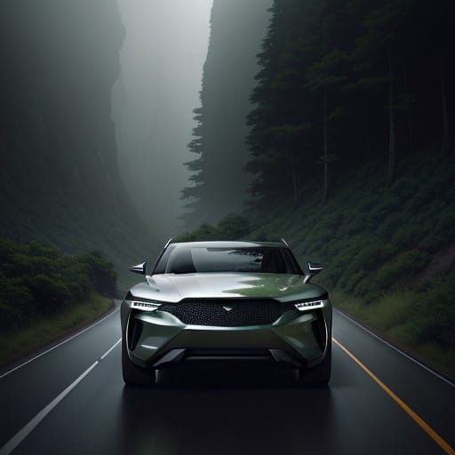 Sleek Silver SUV Speeds Down Mountain Road in Photorealistic...