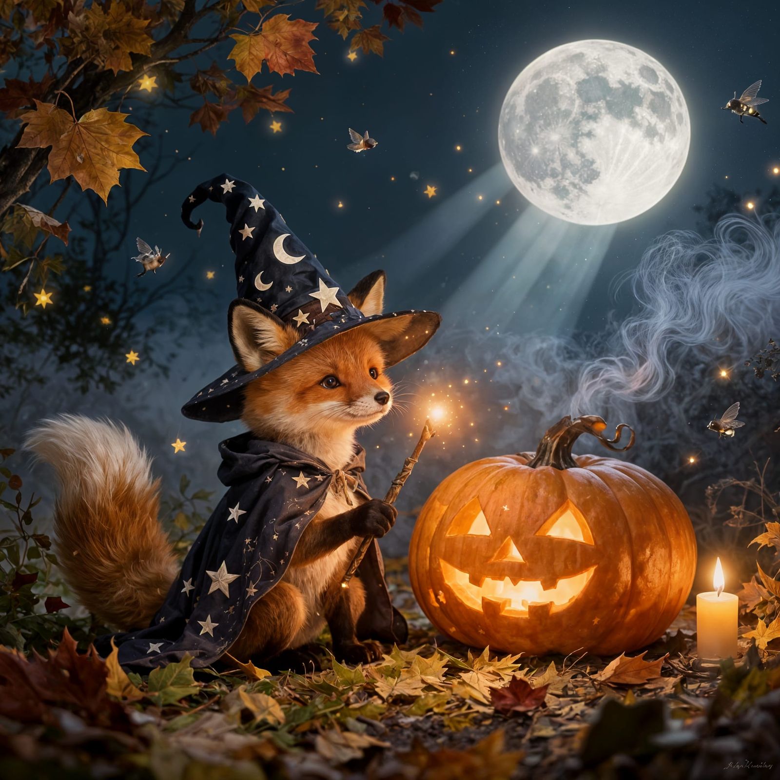 Adorable Baby Fox Wizard with Glowing Wand in Autumn Forest