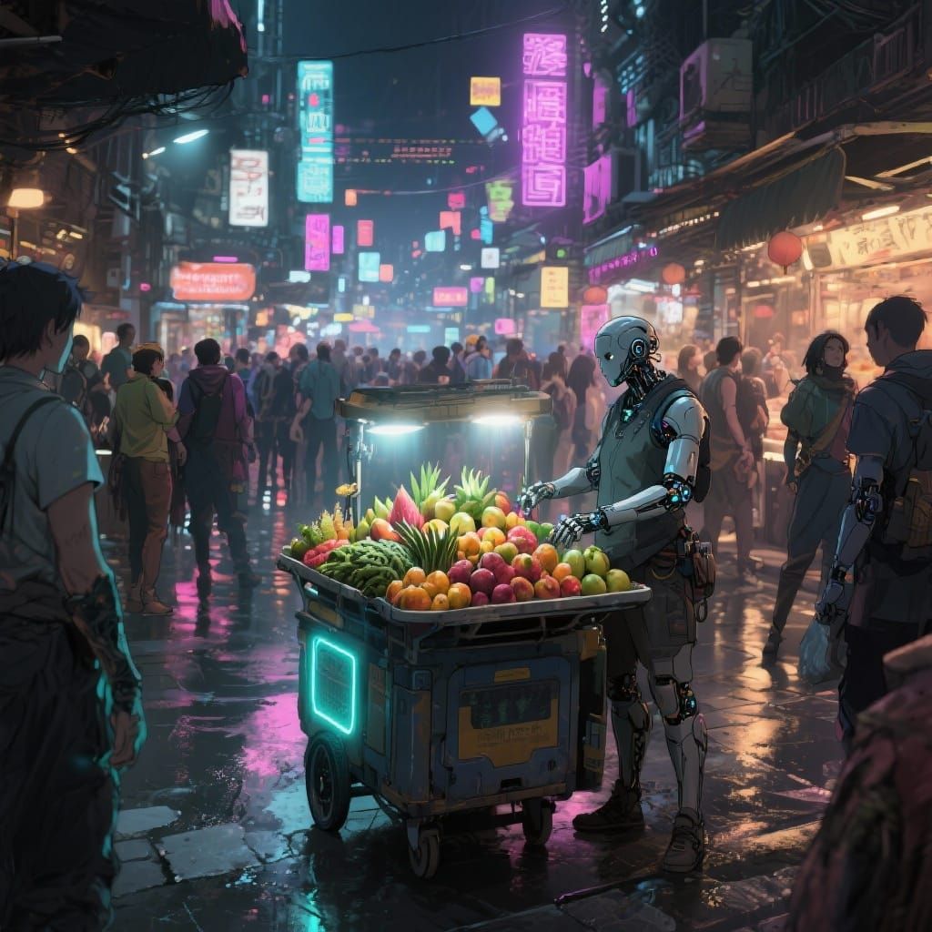 Cyberpunk Marketplace at Night with Neon Lights