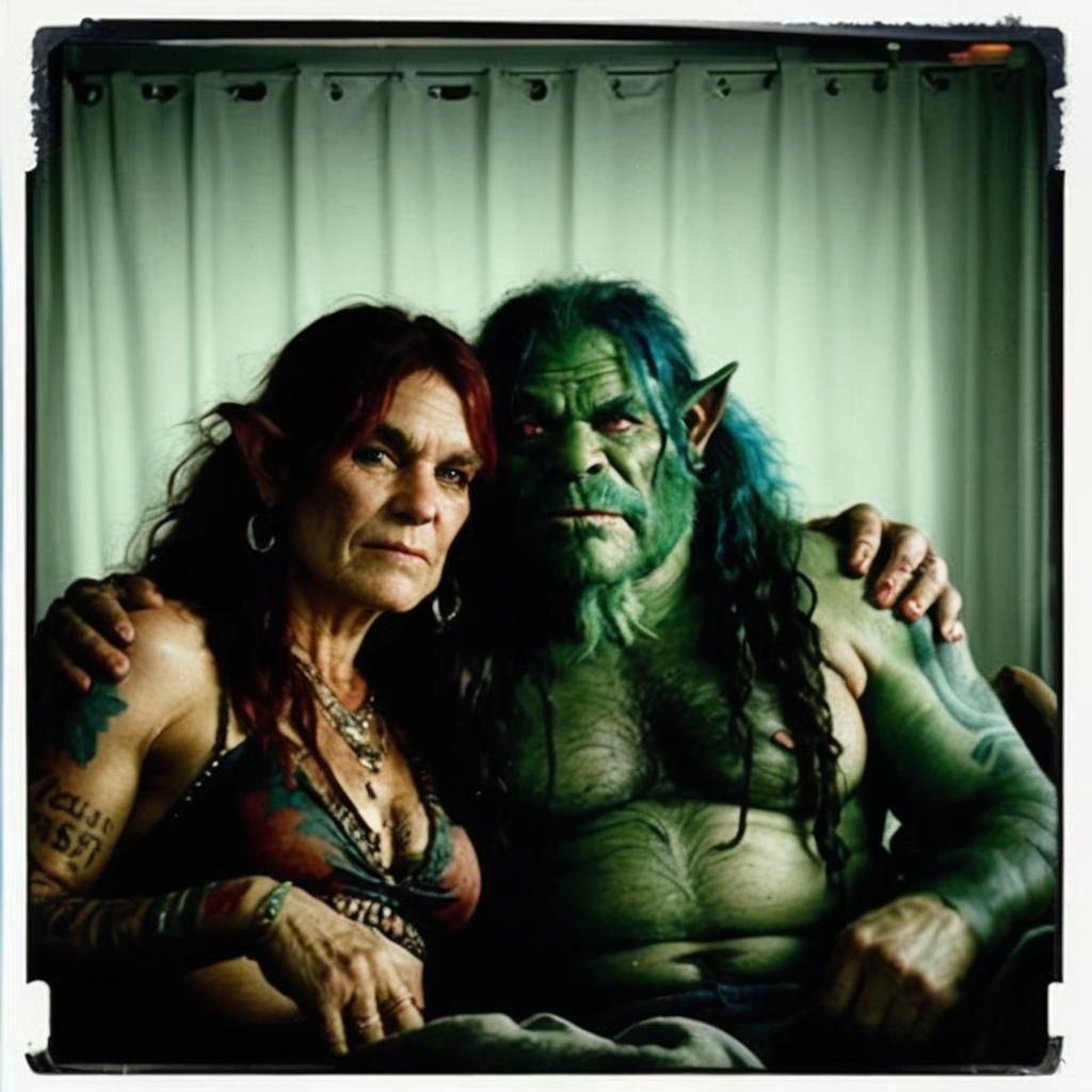 Intimate Orc Couple in Polaroid Style
