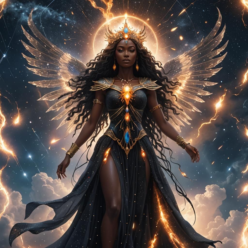 Goddess Zumrhia with Crystal Flame Wings in Cosmic Storm