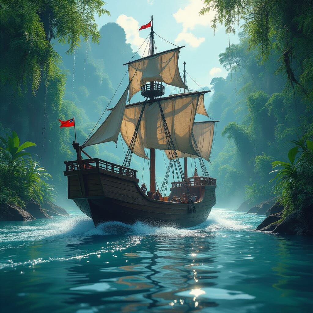 Water Sailing Ship Over Jungle River