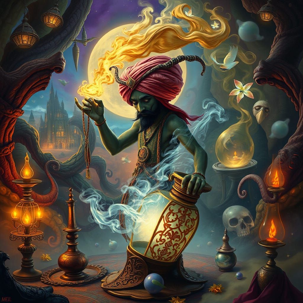 Enigmatic Djinn Emerge from Ancient Lamp in Vibrant Mystical...