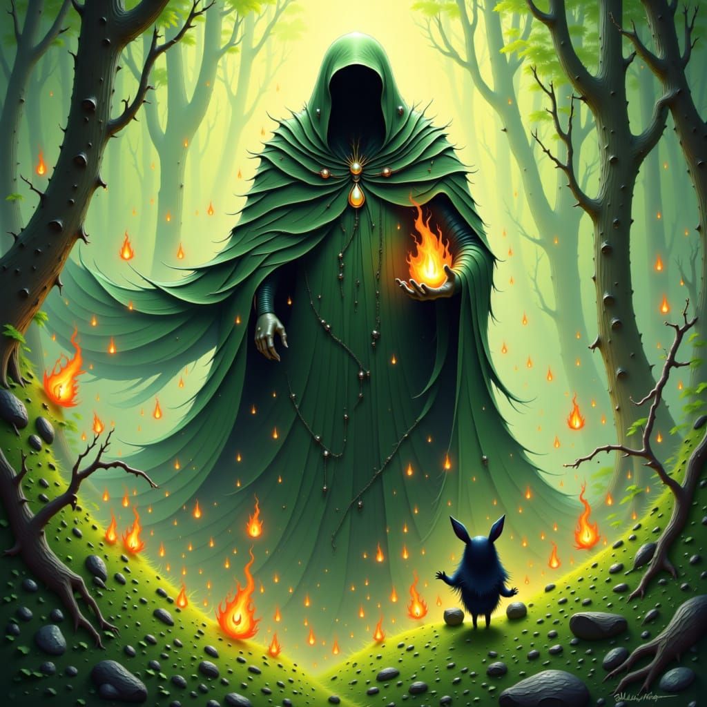 Gentle Giant Sheltering Fire Elementals: Ghibli Style