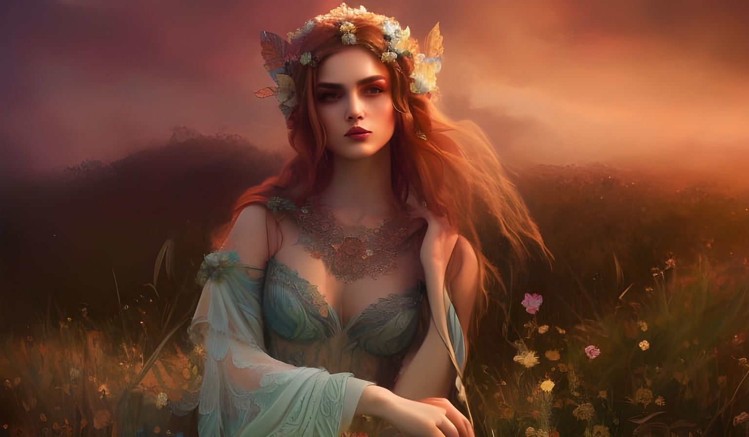 lady with flower crown at sunset