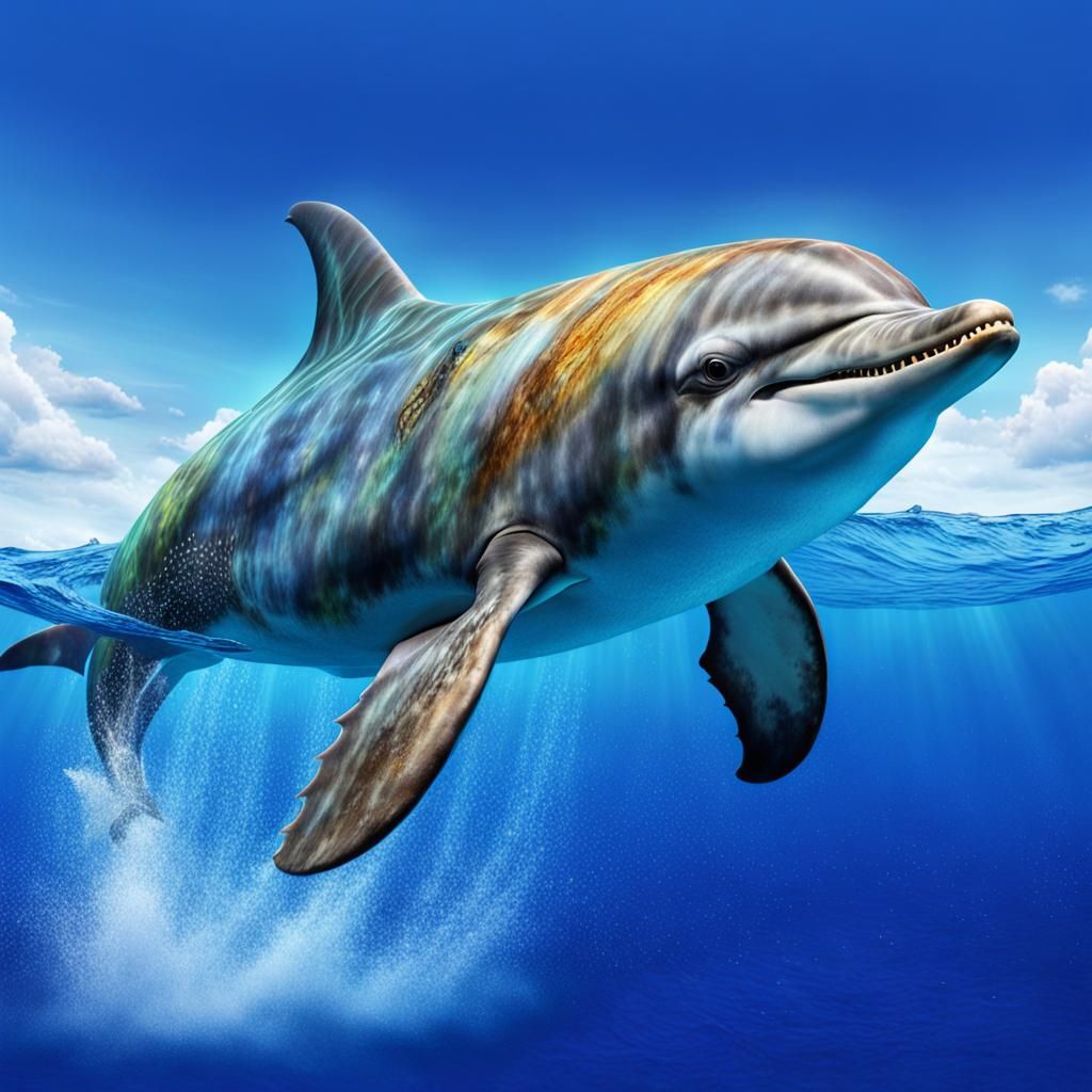 Prehistoric Dolphin with Giant Teeth and Nautilus
