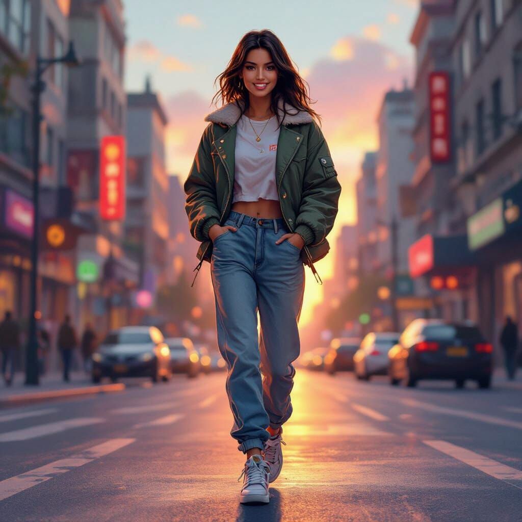 Trendy Woman Walks City Street in Digital Art Style