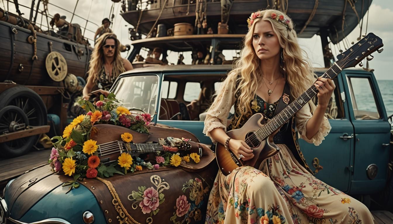 Blond Woman on Pirate Volkswagen Ship, Hyperrealistic Photo
