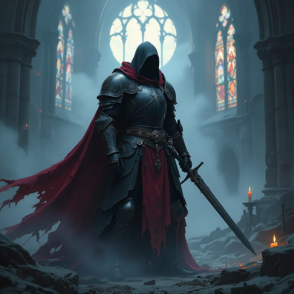 Dark Fantasy Knight in Abandoned Cathedral