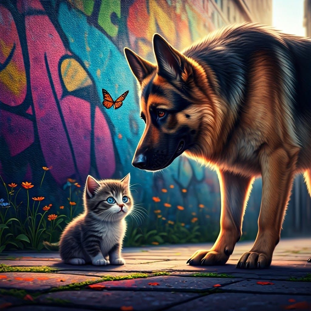 Friendly German Shepherd Meets Playful Kitten in Vibrant Urb...