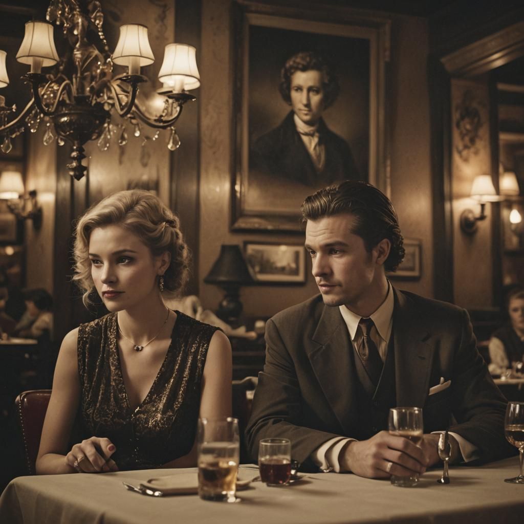 Film Noir Couple in Vintage Restaurant