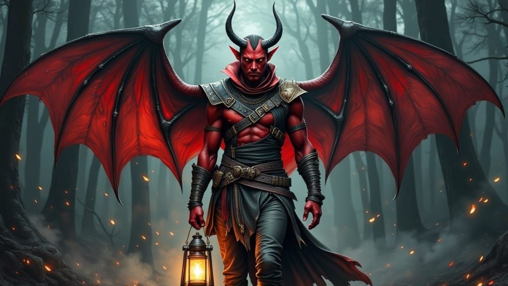 Tiefling Warrior with Obsidian Dagger in Dark Forest