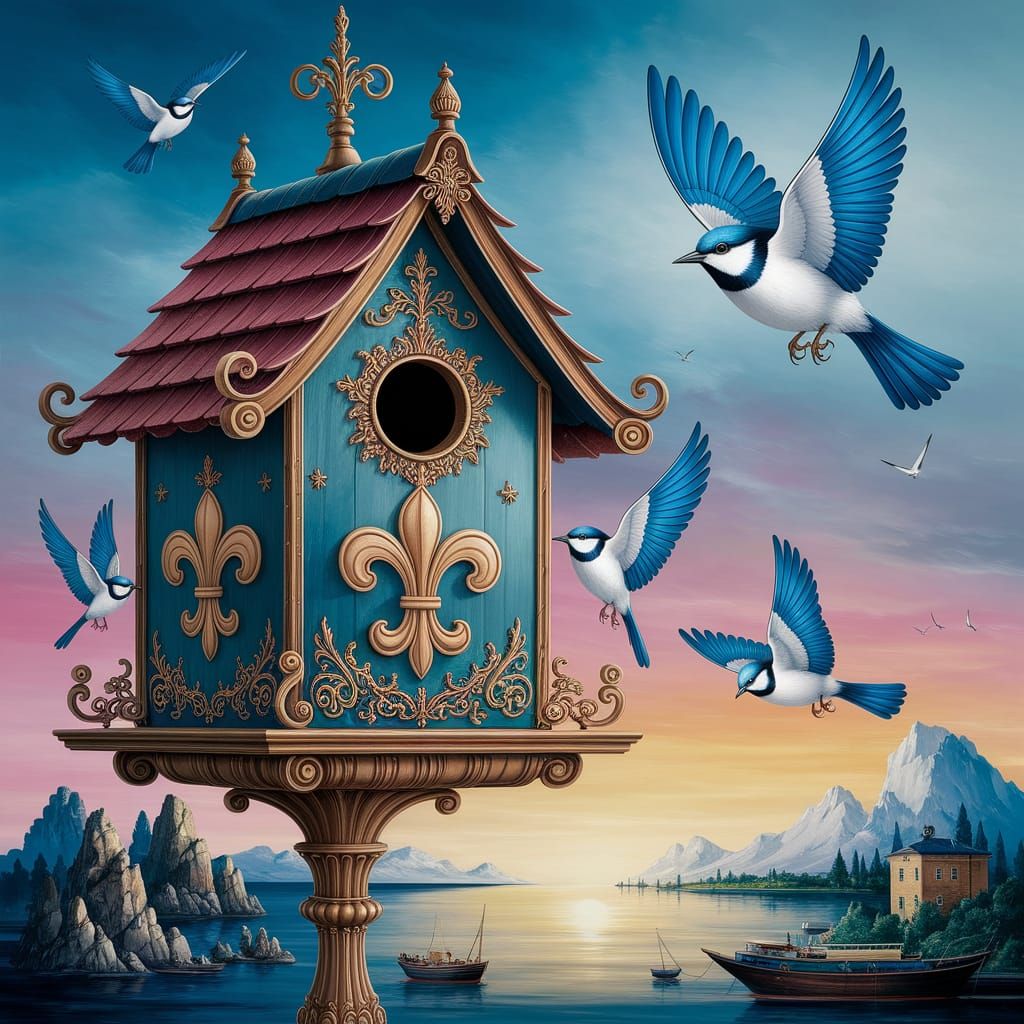 Surreal Birdhouse with Indigo Buntings, Dali Style