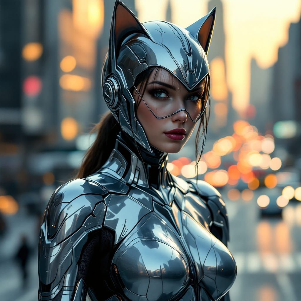 Futuristic Female Superhero in Cyberpunk Cityscape