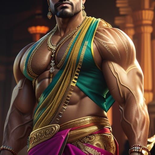 Attractive Muscle Man in Saree: Vibrant Digital Concept Art