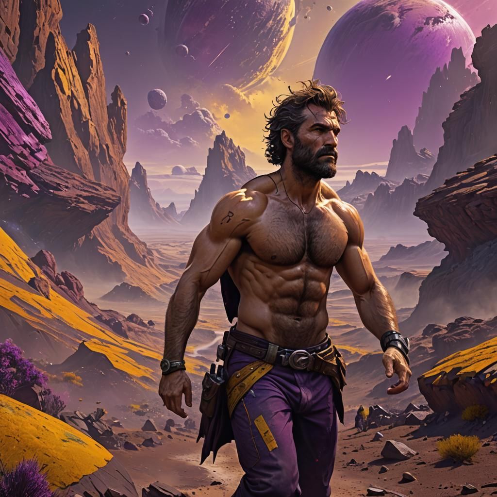 Hairy Chested Man Lands on Planet: Dark Fantasy Art