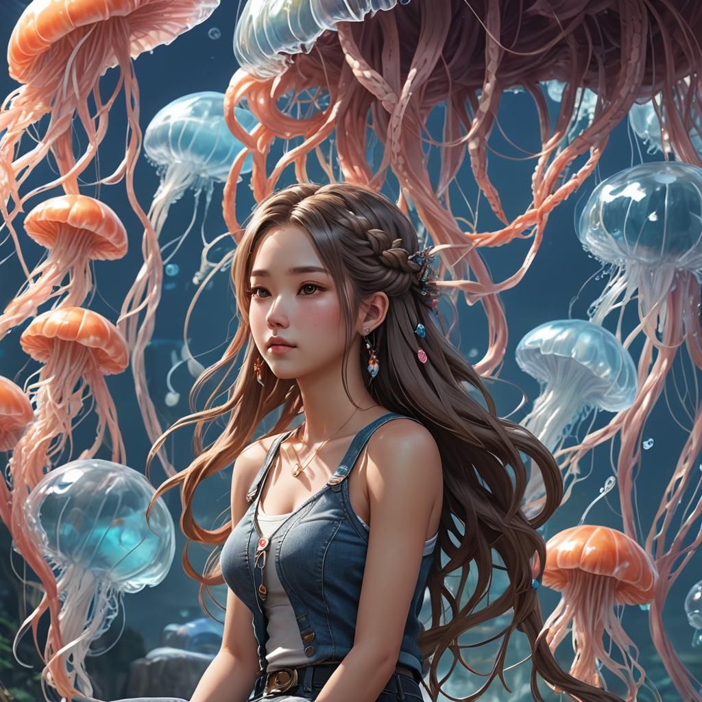 Korean Woman on Jellyfish in Anime Style