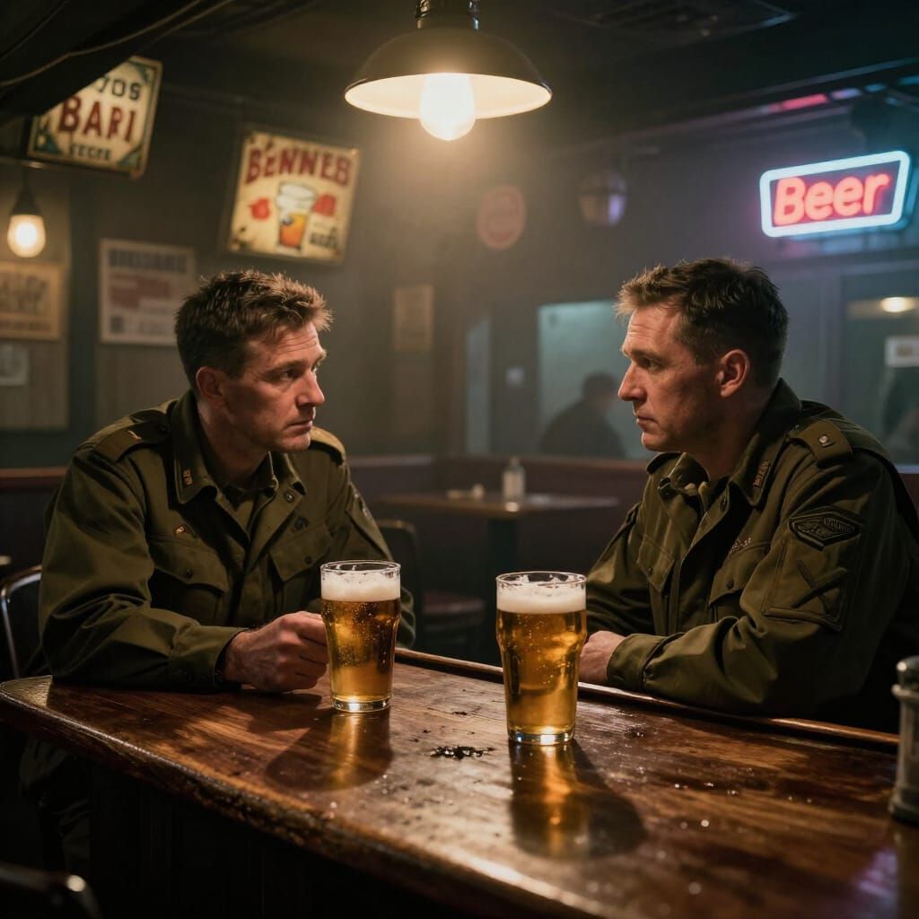 Army Vets Share Beers in Dimly Lit City Bar