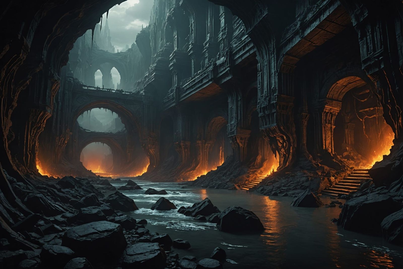 Eerie Underworld Vista with Fiery Rivers