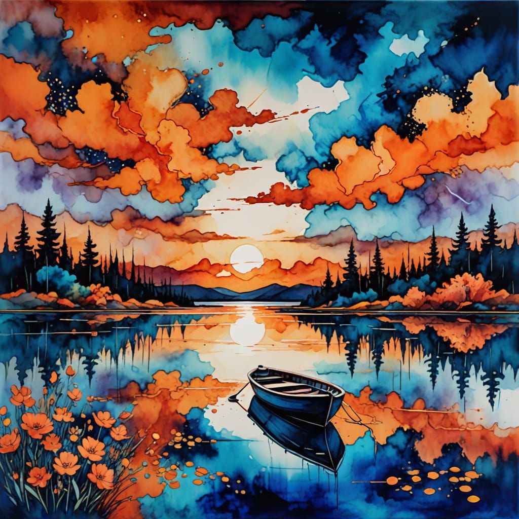 Lone Boat on Lake with Abstract Clouds as Mixed Media Art