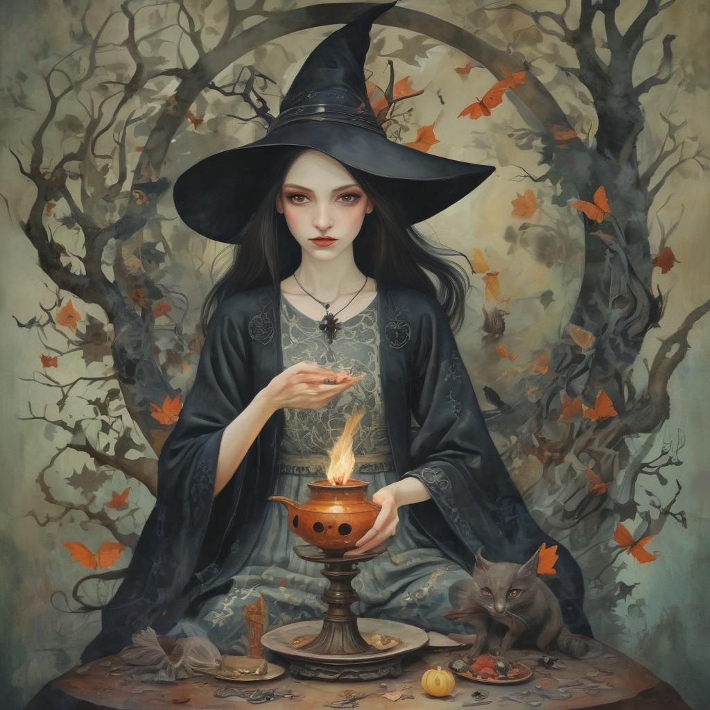 Witch Summons Demon in Illustrative Style