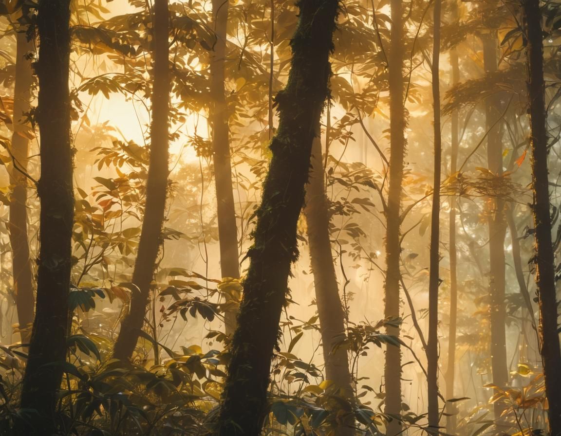 Lush Rainforest Double Exposure in Warm Sunlight